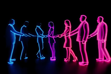 A dynamic neon light trail outline of a successful business team agreement displayed on a black background.