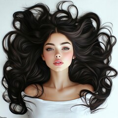 Fototapeta premium photo realistic girl with thick wavy hair laying down on a solid white floor with her hair spread out,generative ai