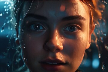 Closeup, young woman, wet face, illuminated, emotional expression, dark background, dramatic lighting, raindrops, detailed portrait, moody atmosphere, portrait concept