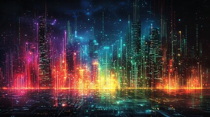 Futuristic Neon Cityscape with Vibrant Digital Interface