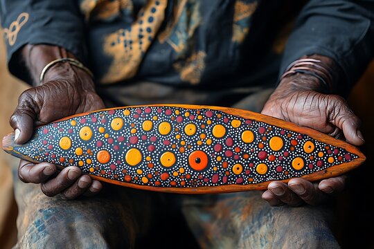 Aboriginal hands holding a beautifully painted didgeridoo