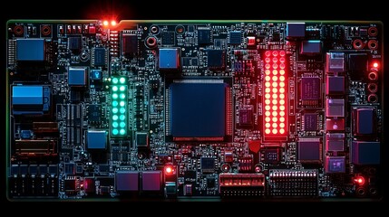 Futuristic Circuit Board with Vibrant LED Lights and Advanced Microchip Technology