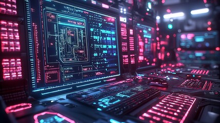 Futuristic Cybersecurity Command Center with Neon Data Screens and Advanced Technology