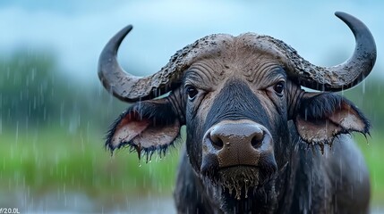 Naklejka premium Close-up of a water buffalo covered in mud during a rainstorm, capturing the animal's intense gaze and ruggedness amidst a dynamic, natural environment.