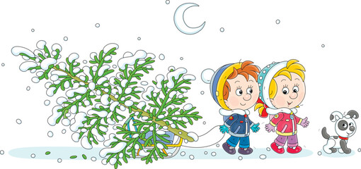 Happy little boy and girl with a funny puppy carrying a snowy fir tree on their small sled to decorate it to Christmas, vector cartoon illustration isolated on a white background