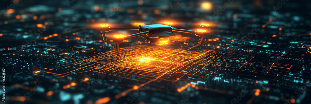 Poster a glowing drone icon with a digital map interface, flying over a city grid with data overlays for lo