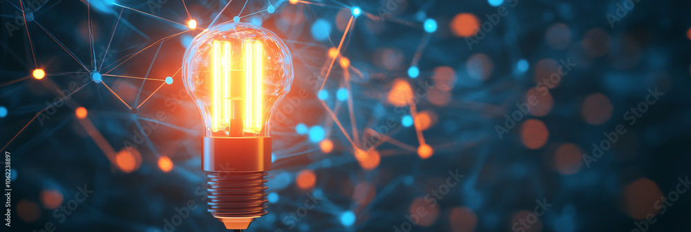 Poster a glowing electric plug icon connected to a web of data streams, symbolizing smart energy grids and 