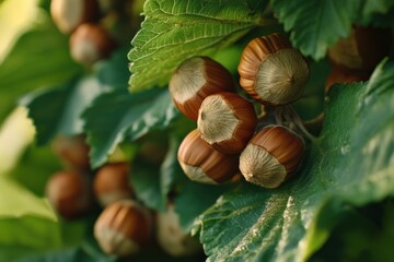 Fresh Hazelnuts in Their Natural Shells Among Green Leaves