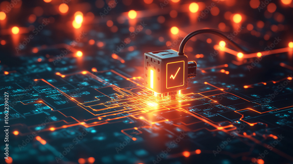 Poster a glowing electric plug icon connected to a web of data streams, symbolizing smart energy grids and 