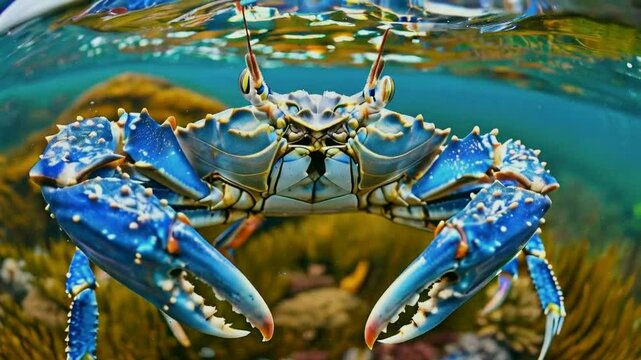 A funny, feisty Blue Crab (Callinectes sapidus) attacks his reflection in the underwater camera's dome port. The Blue Crab is economically important along the east coast of the U.S. 