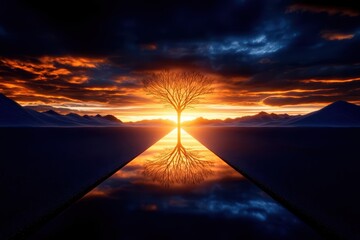 A solitary tree stands against a dramatic sunset, reflecting on a serene surface. The sky is alive with vibrant colors and dynamic clouds.