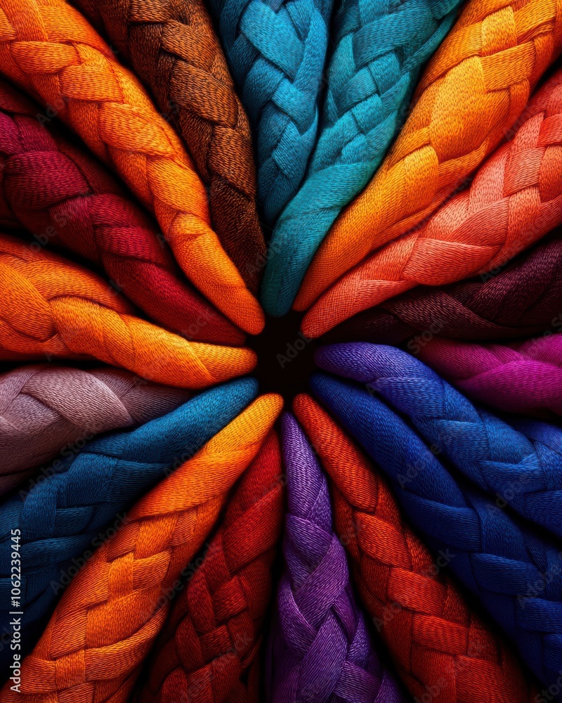 Poster a vibrant arrangement of braided materials in various colors, forming a striking circular pattern. i