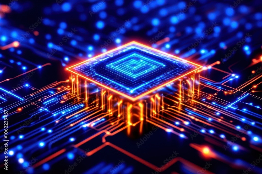 Poster a vibrant digital depiction of a microchip surrounded by glowing circuits, showcasing the connection