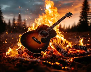 An acoustic guitar rests on burning logs, illuminated by flames, against a backdrop of a beautiful sunset and pine trees.