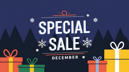 Fototapeta premium December Special Sale Banner with Gift Boxes and Snowflakes