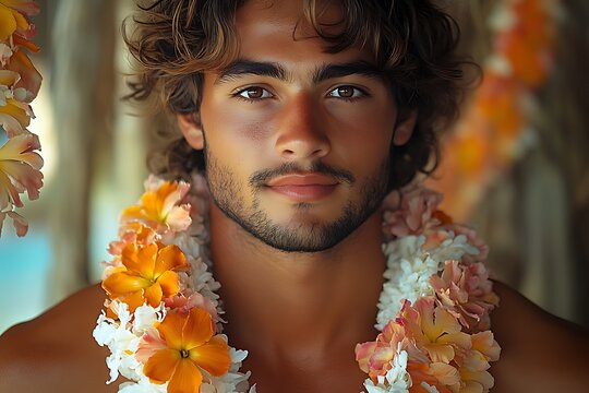 Portrait of a man wearing a traditional Hawaiian flower lei.