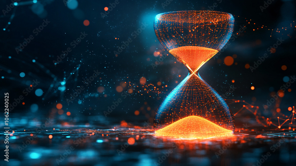 Poster a glowing hourglass with digital particles flowing in reverse, symbolizing a company gaining control