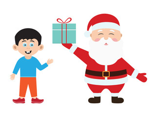 santa claus with gift box and boy cartoon icon