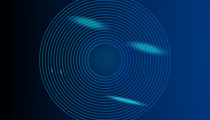 Circular glowing neon shapes, techno background. Abstract shiny transparent circles on dark technology space. Glowing neon circles, techno digital background