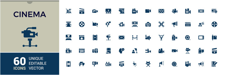 Set of vector filled icons for film. Sign and symbols in flat design cinema and movies with elements for mobile concepts and web apps. Collection modern infographic logo and pictogram.