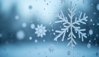 Snowflakes on glass background, close-up of icy snowflakes on cold window softly lit by blue light