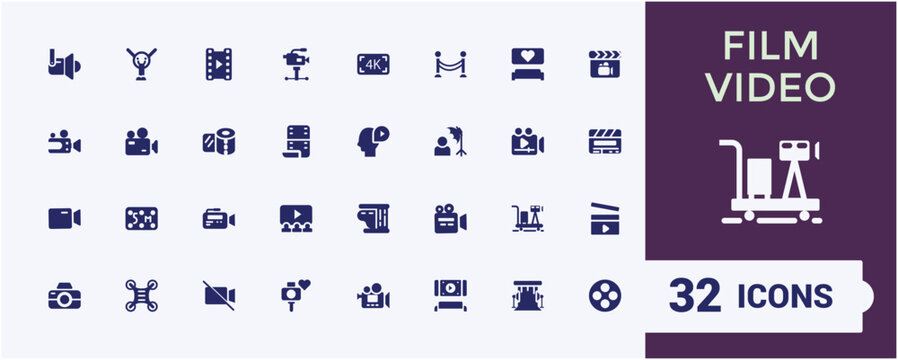 Set of vector filled icons for film. Sign and symbols in flat design cinema and movies with elements for mobile concepts and web apps. Collection modern infographic logo and pictogram.