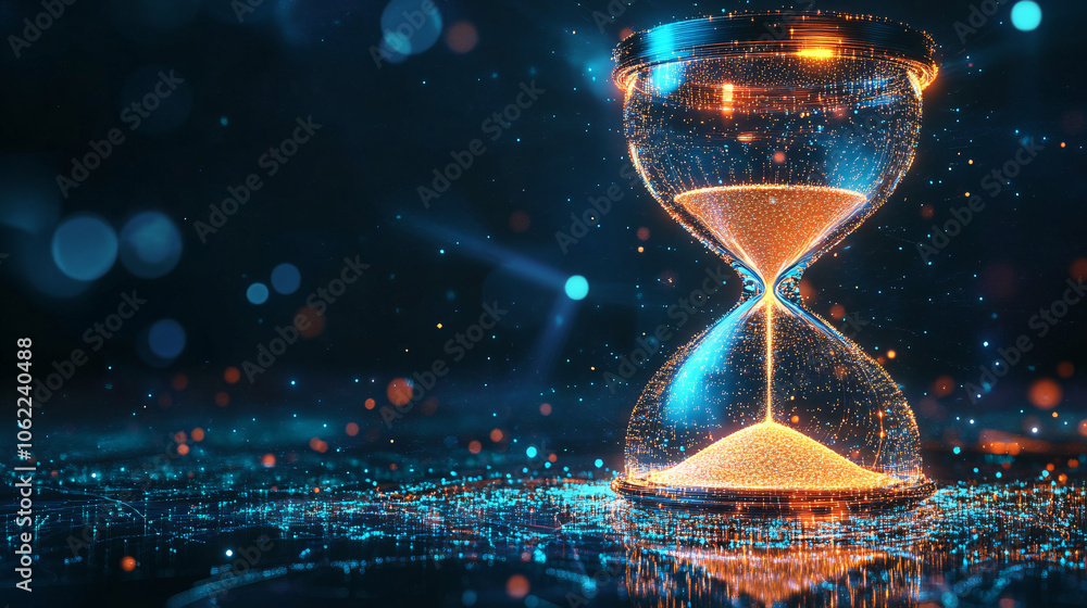Poster a glowing hourglass with digital particles flowing in reverse, symbolizing a company gaining control