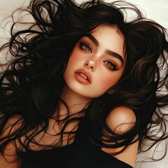 Fototapeta premium photo realistic girl with thick wavy hair laying down on a solid white floor with her hair spread out,generative ai
