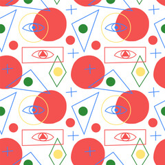 Vector multicolor  seamless pattern with abstract geometric ornament. Doodle cute circles  and geometric figures. Background for design, decor, wrapping paper, cover, ceramics tile, fabric.