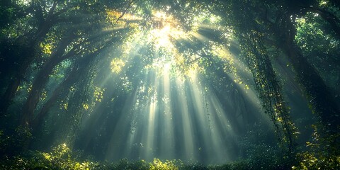 Obraz premium A mystical forest scene with sunlight filtering through lush green foliage, creating a magical atmosphere filled with soft beams of light and rich plant life.