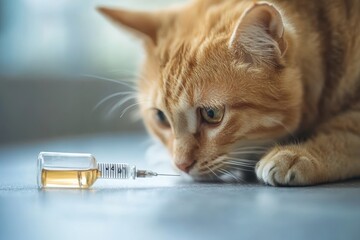 An inquisitive orange cat examines a syringe with a vial nearby in a brightly lit room