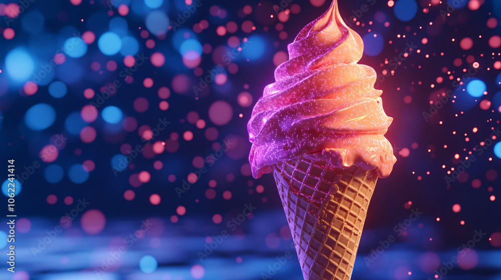 Poster a glowing ice cream cone with digital overlays of flavor customization and real-time adjustments to 