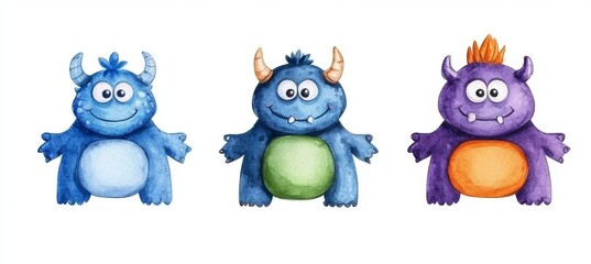 Obraz premium Watercolor set of cute cartoon sea creatures isolated on white background.