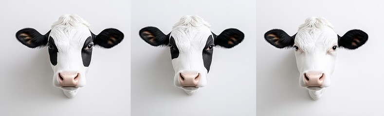 A collection of three black and white cows, isolated on a white background