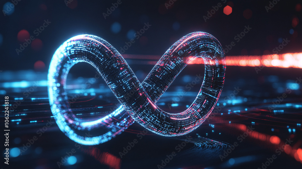 Poster a glowing infinity loop with digital symbols of productivity, efficiency, and market adaptation cycl