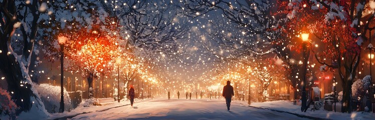 The snow is falling in the evening, the street lamp is shining brightly, and there's no one around