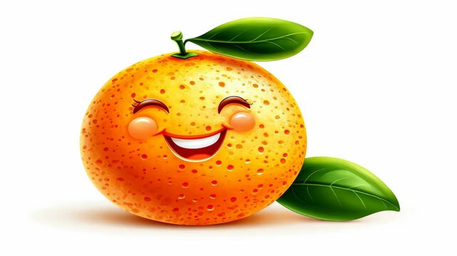 A smiling orange with two green leaves sits on a white background
