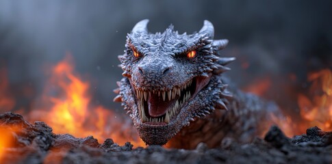 An angry evil dragon with red eyes and fire flames at close range.