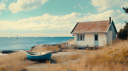 Small white cottage with a blue boat on a beach with a clear blue ocean and sailboats in the distance.