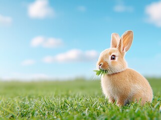 Fototapeta premium An alert rabbit in a grassy field eating dry grass with a mouthful of greenery surrounding him.