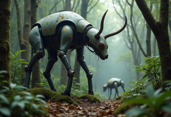Robotic creatures navigating a misty forest in an intriguing blend of nature and technology at dawn