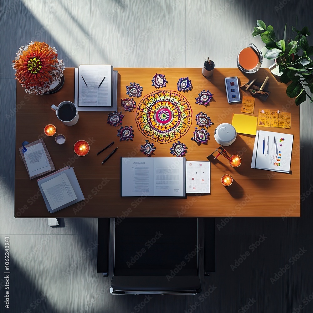 Poster top view of a desk in a corporate office. the center of the desk is left empty. minimal diwali eleme