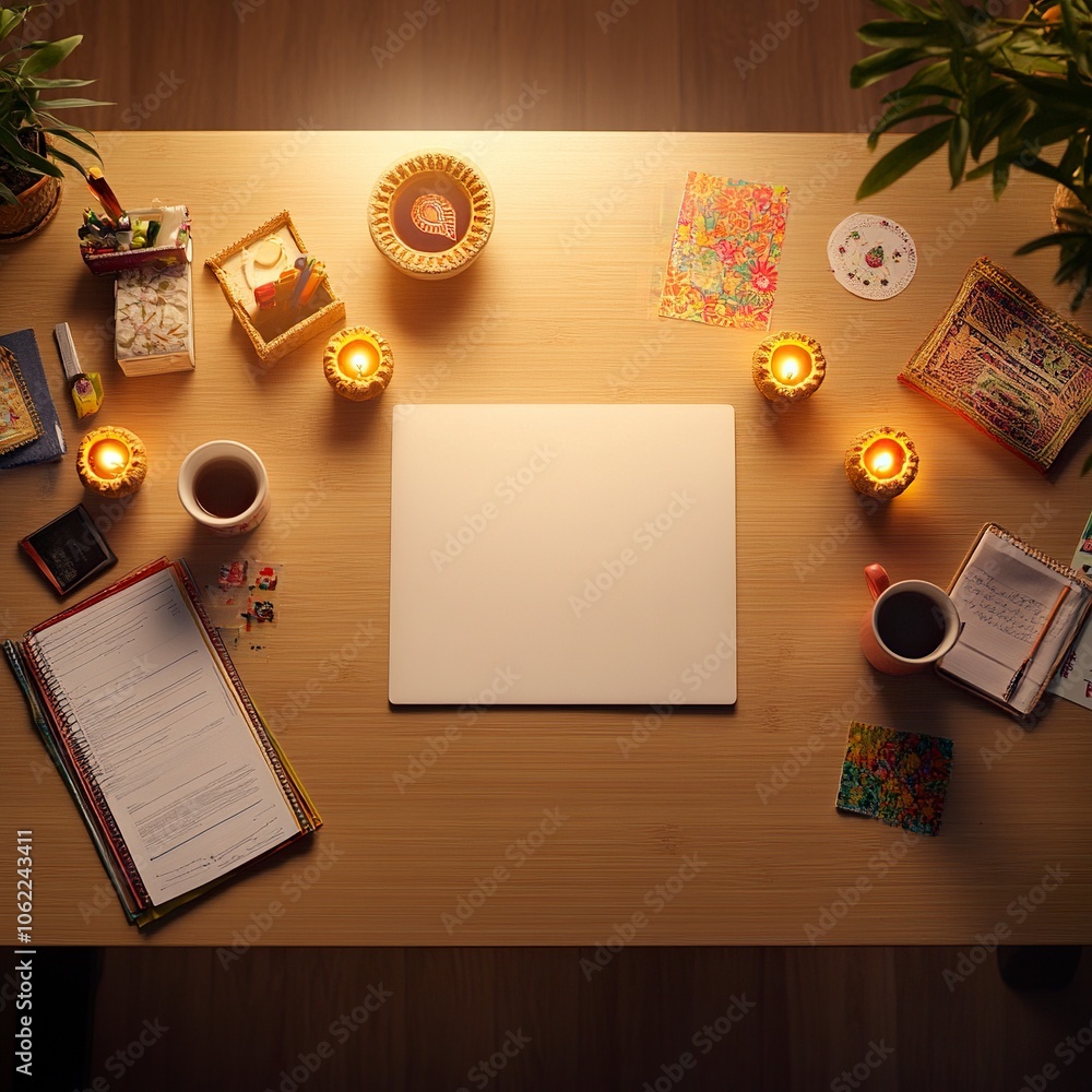 Poster top view of a desk in a corporate office. the center of the desk is left empty. minimal diwali eleme