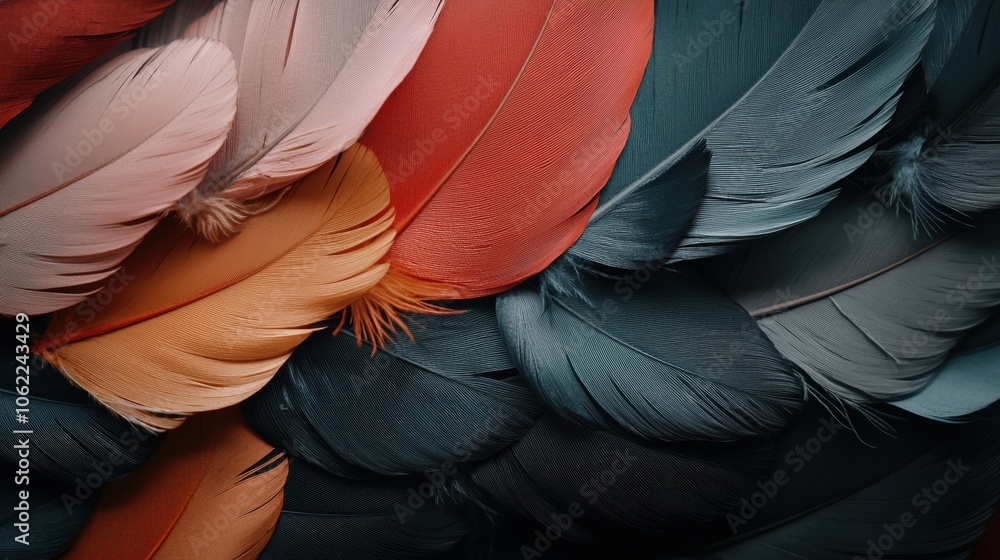 Poster a colorful array of feathers with a blue and black feather in the middle