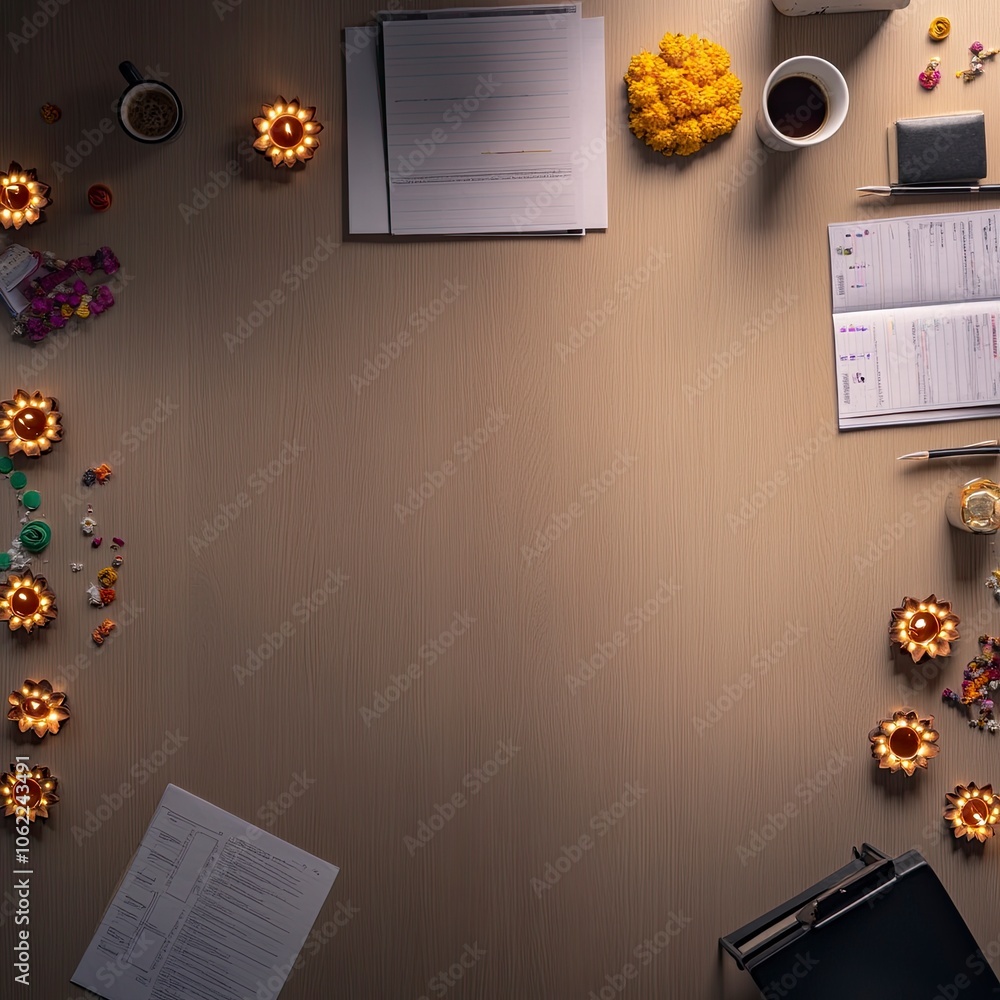 Poster top view of a desk in a corporate office. the center of the desk is left empty. minimal diwali eleme