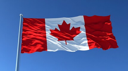 The Canadian flag waving in the wind against a bright blue sky.