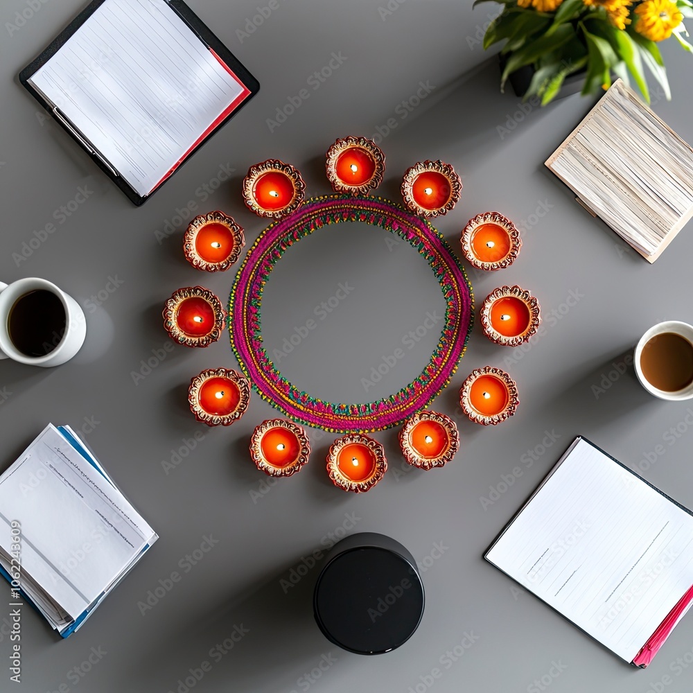Poster top view of a desk in a corporate office. the center of the desk is left empty. minimal diwali eleme