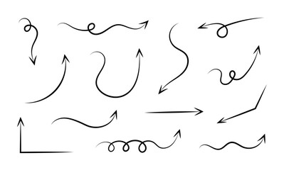 Vector hand-drawn set of line black arrows for infographics. Various artistic, curved, arched, uneven arrow-shaped cursors for web design or interface. Different directions pointer set.