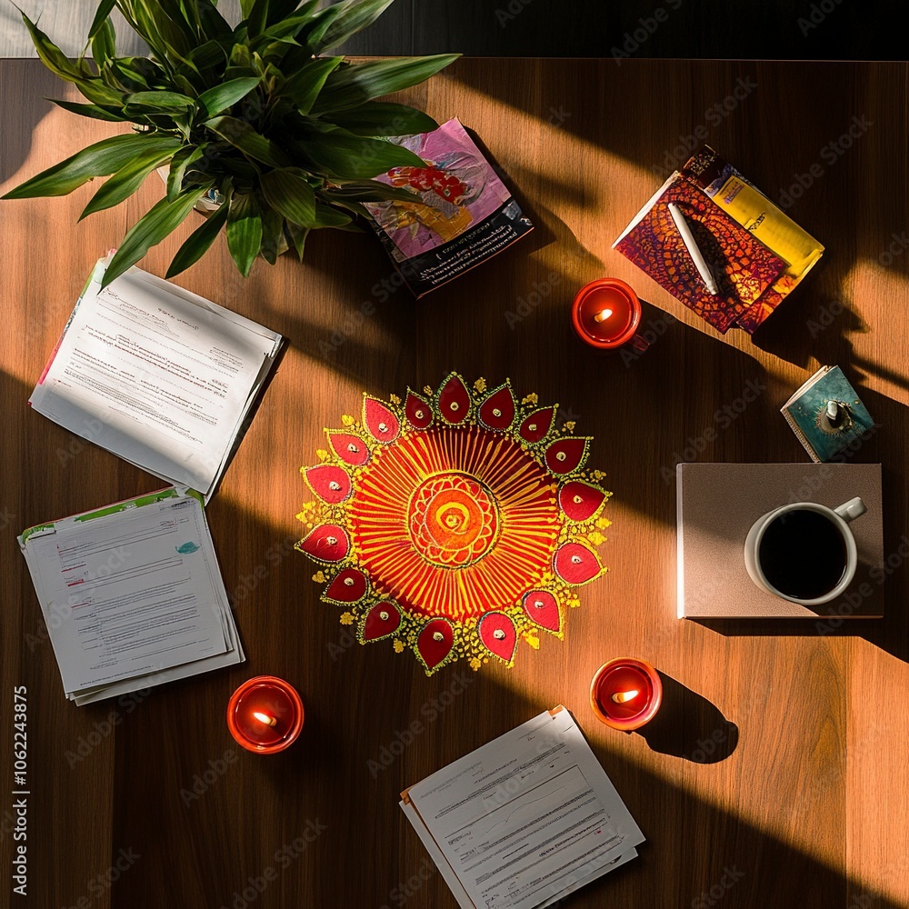 Poster top view of a desk in a corporate office. the center of the desk is left empty. minimal diwali eleme