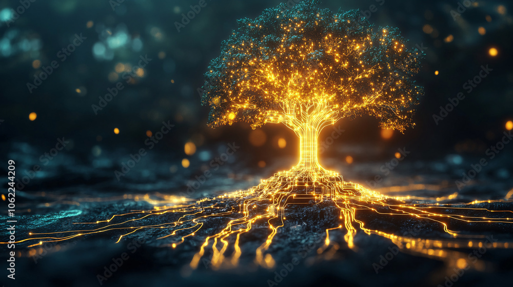 Poster a glowing tree with roots made of digital circuits, symbolizing the foundational strength of a busin